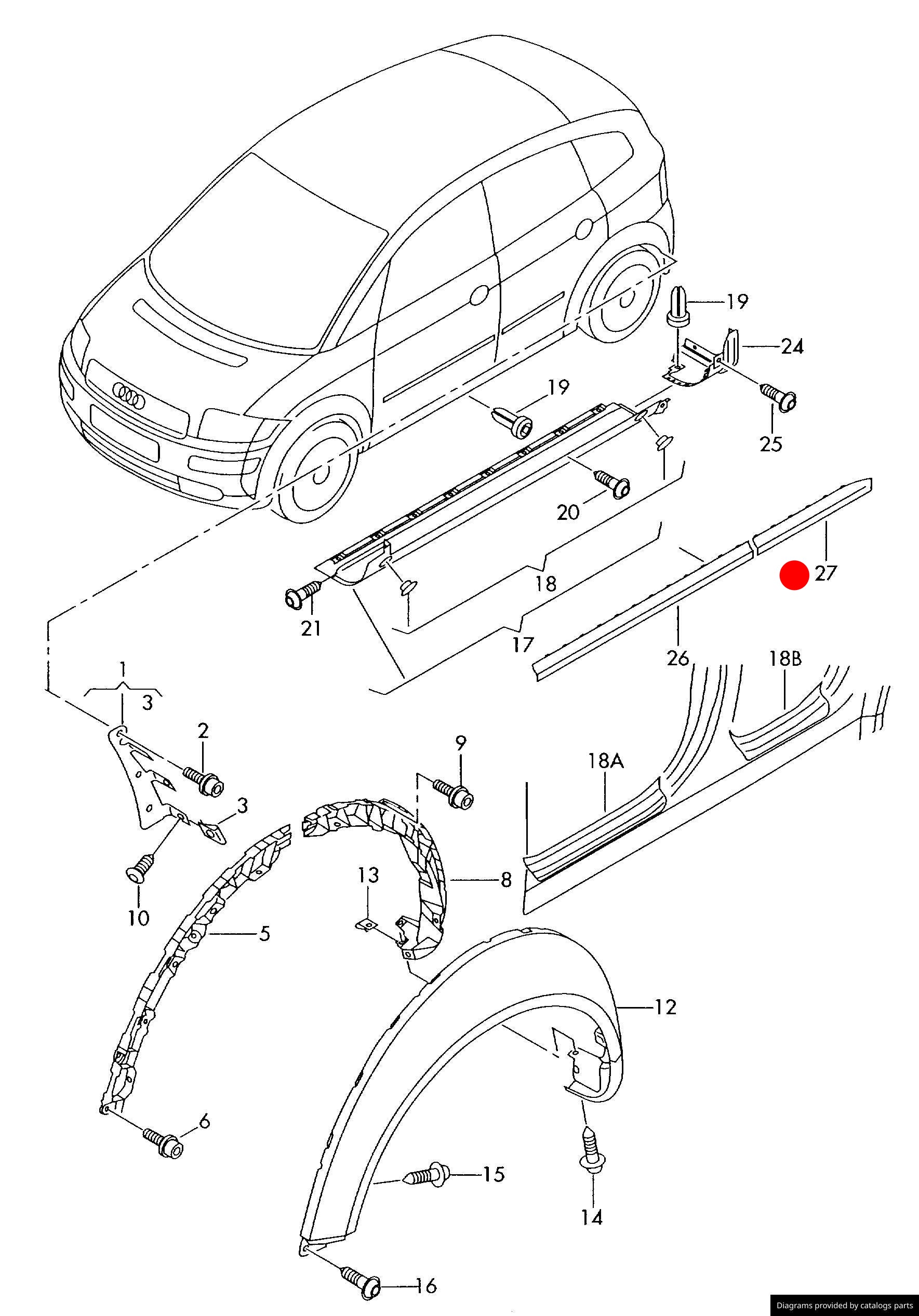 Ornament caroserie stânga spate negru satinat OEM Audi A2 8Z (2000-2005)