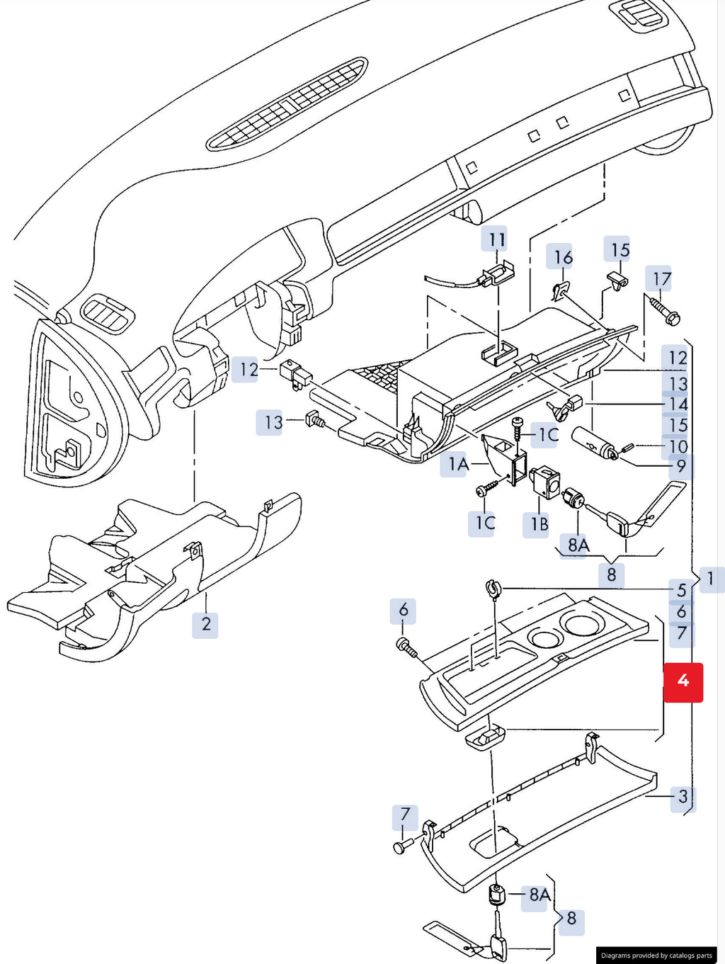 Capac compartiment torpedou interior OEM Audi A6 4B (1999-2005)