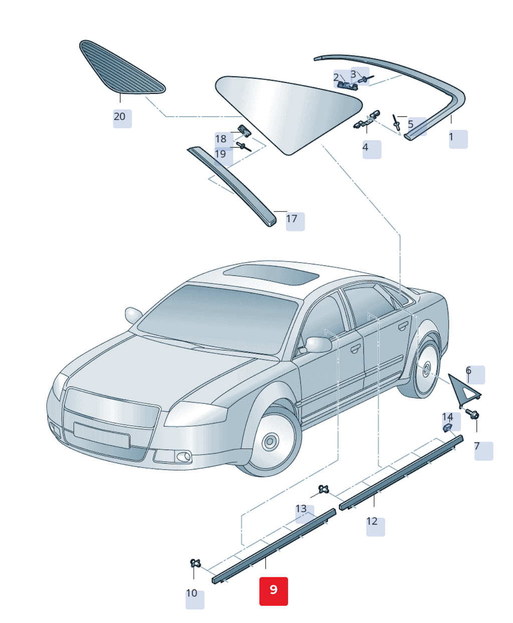 Garnitură geam ușă față cu bandă decorativă cromată OEM Audi A8/S8 Quattro 4E (2004-2010)